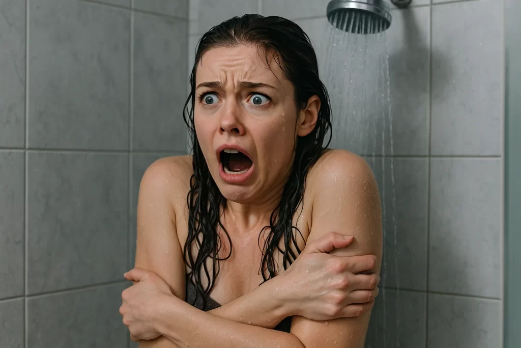 A woman freezing in a cold shower