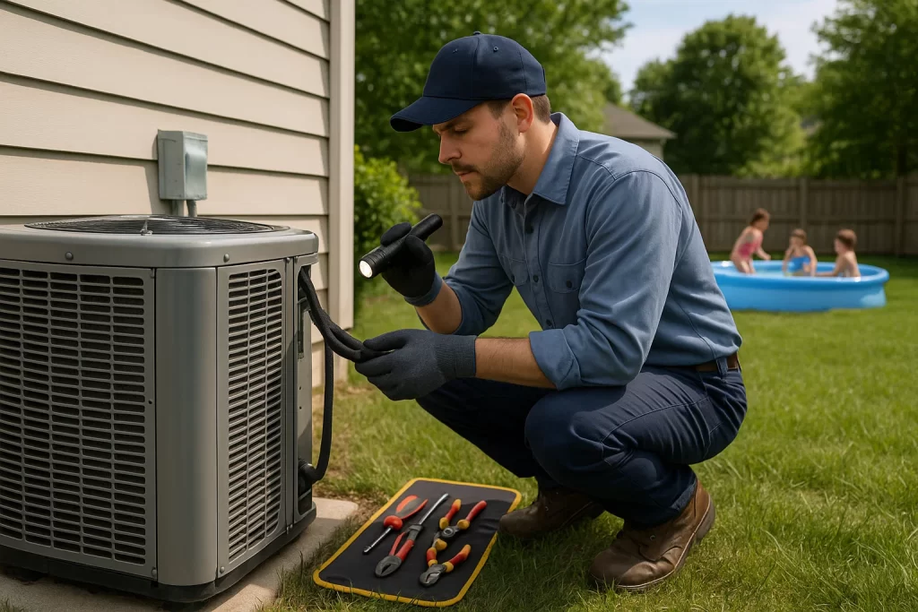 Technician checking insulated refrigerant lines by condenser in yard with tools