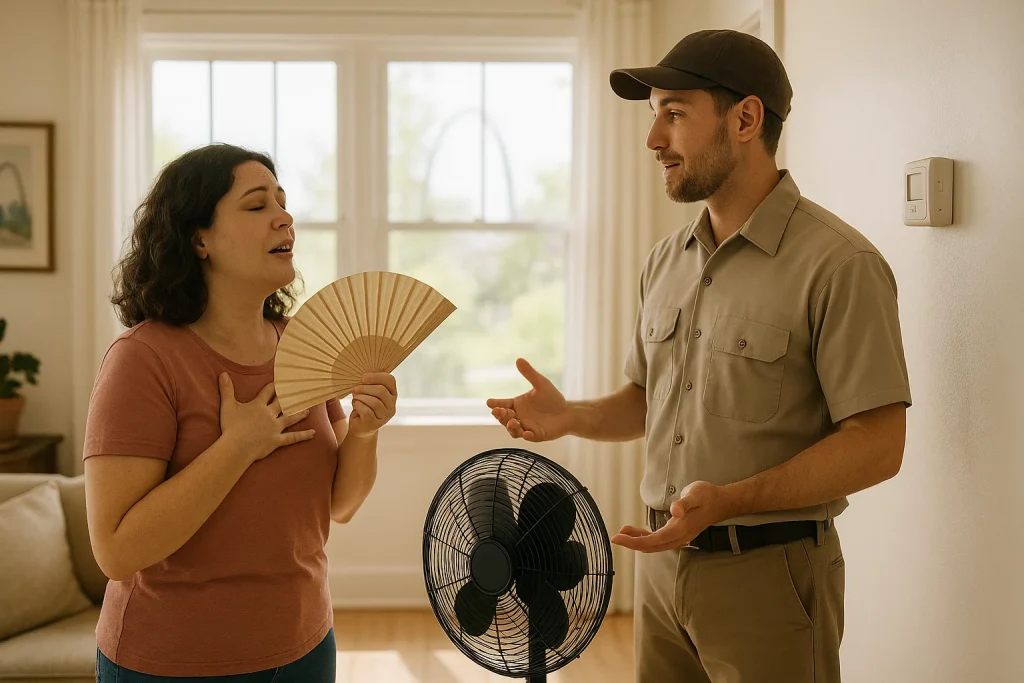 Homeowner discusses AC replacement options with technician during St. Louis heat
