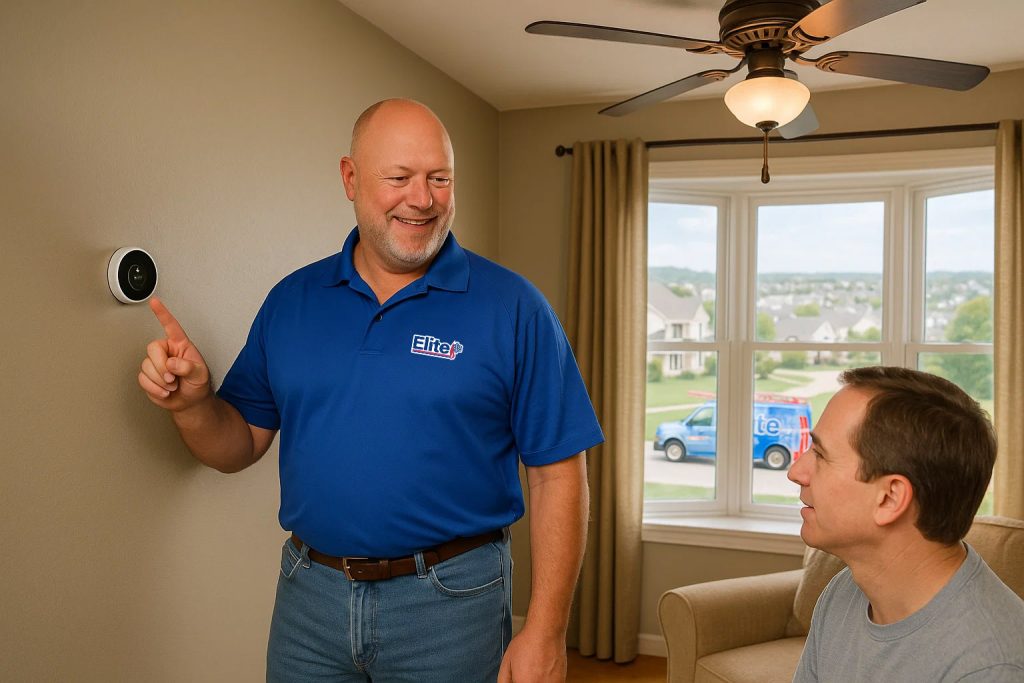 Homeowner and technician adjust smart thermostat for efficient summer AC use