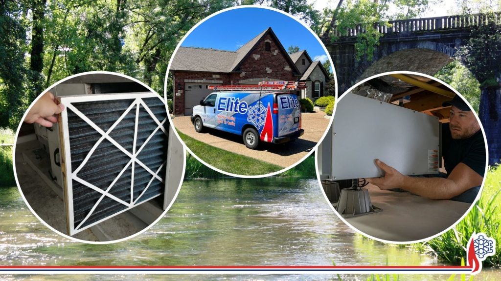 Three panel image of an elite truck, an HVAC tech installing a dehumidifier and an HVAC tech changing a filter