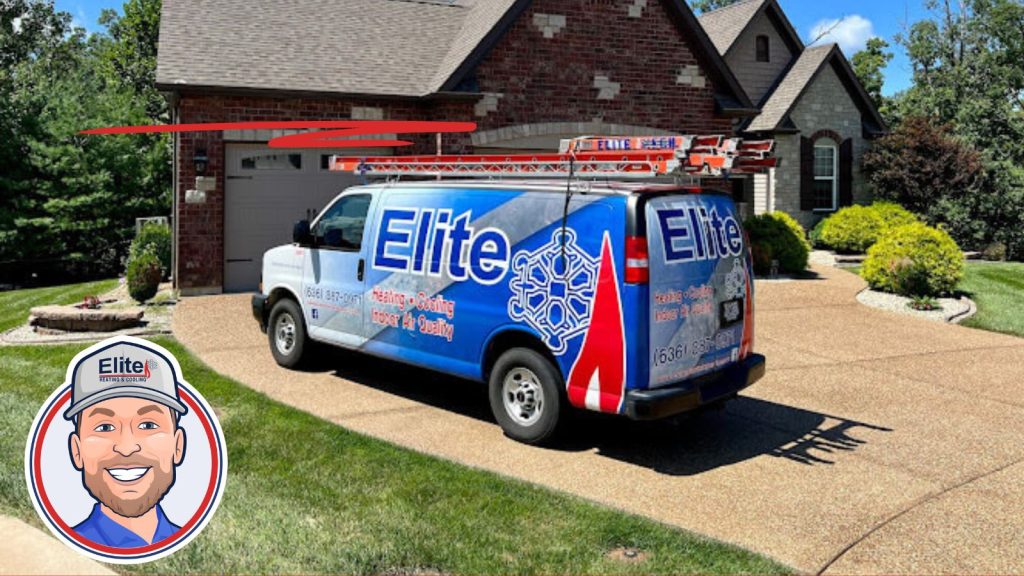 An Elite HVAC van pulling up to a house.