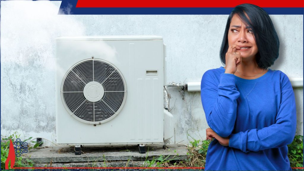 A woman staring at her heat pump that has smoke coming out of it because it's making noises