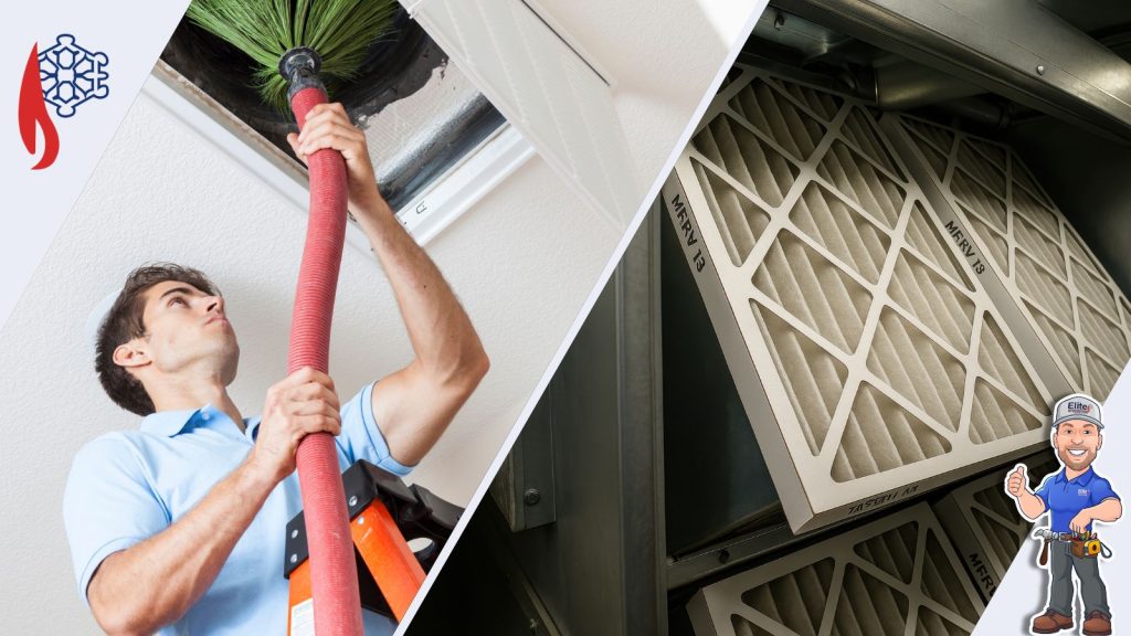 A two panel image showing duct cleaning and filter replacement