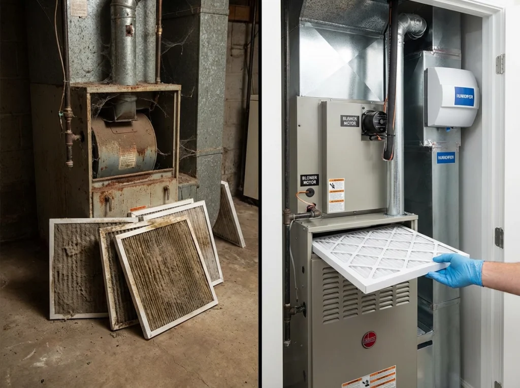 Before-and-after comparison of a dirty versus professionally maintained home heating system.