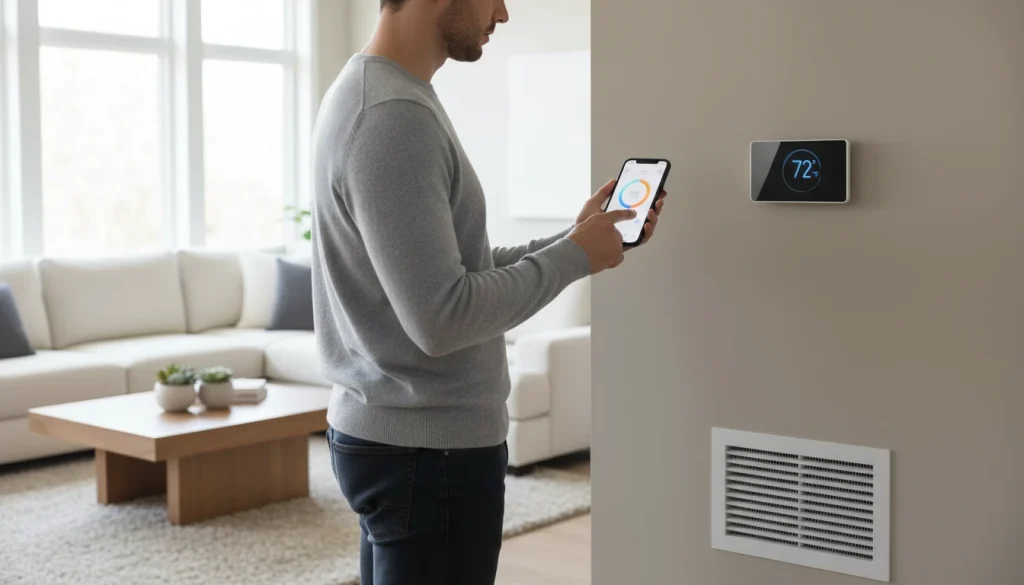 Homeowner adjusting smart thermostat using mobile app in modern living room