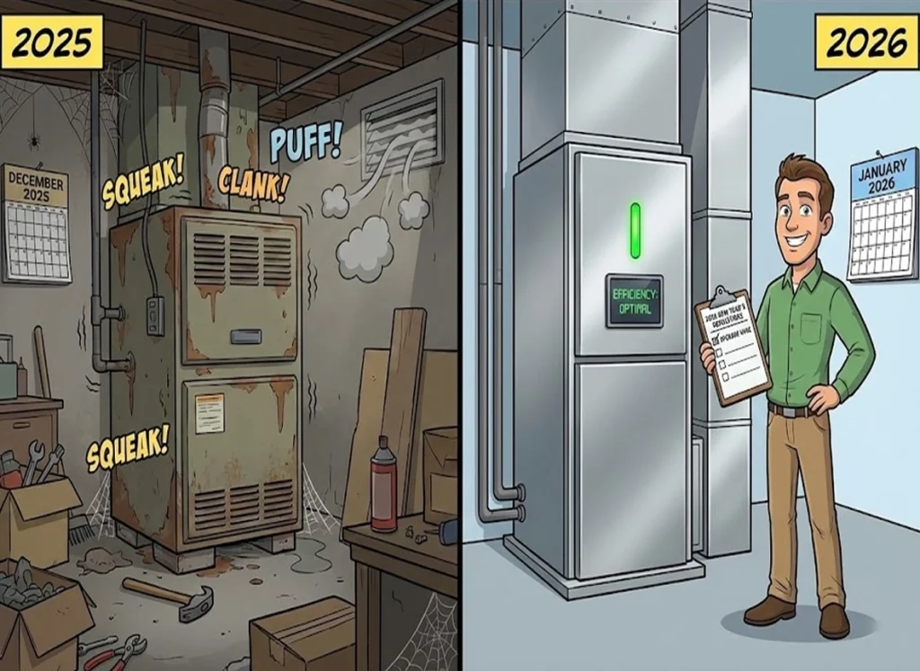 Old HVAC system on the left, new high-efficiency system on the right with homeowner starting the new year fresh