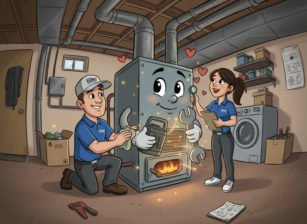 A cartoon image of two elite HVAC technicians, giving a furnace, some tender, loving care
