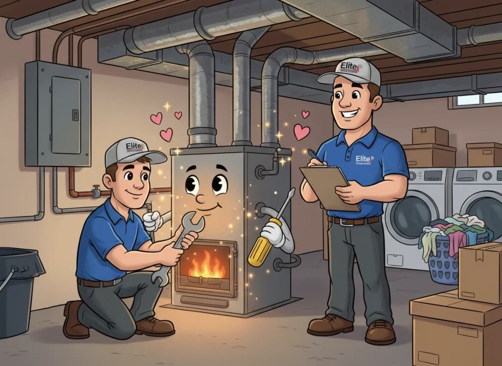 Cartoon HVAC technicians working together on a furnace replacement in a residential basement