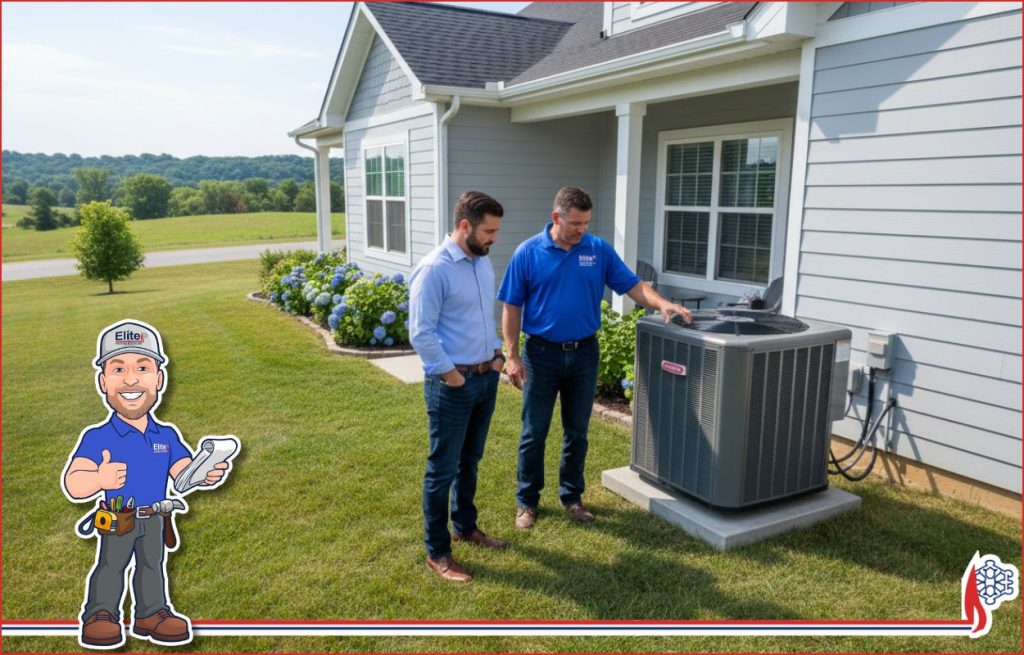A homeowner and an HVAC tech on the side of the house by the AC unit.