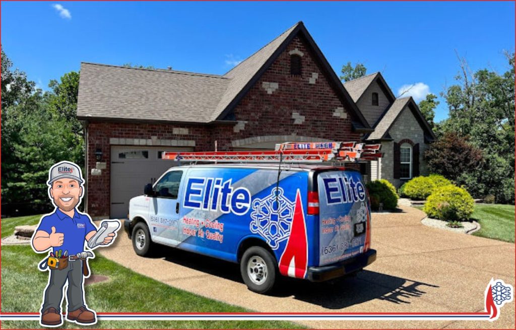 Elite truck in the driveway arriving for maintenance.