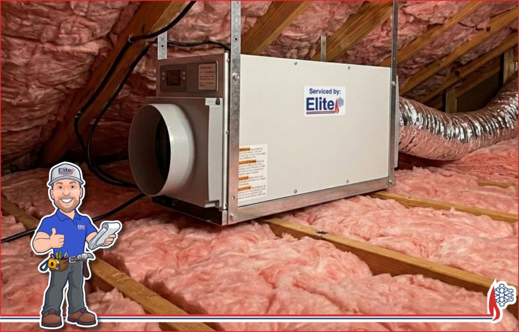A whole-home dehumidifier in an attic space.