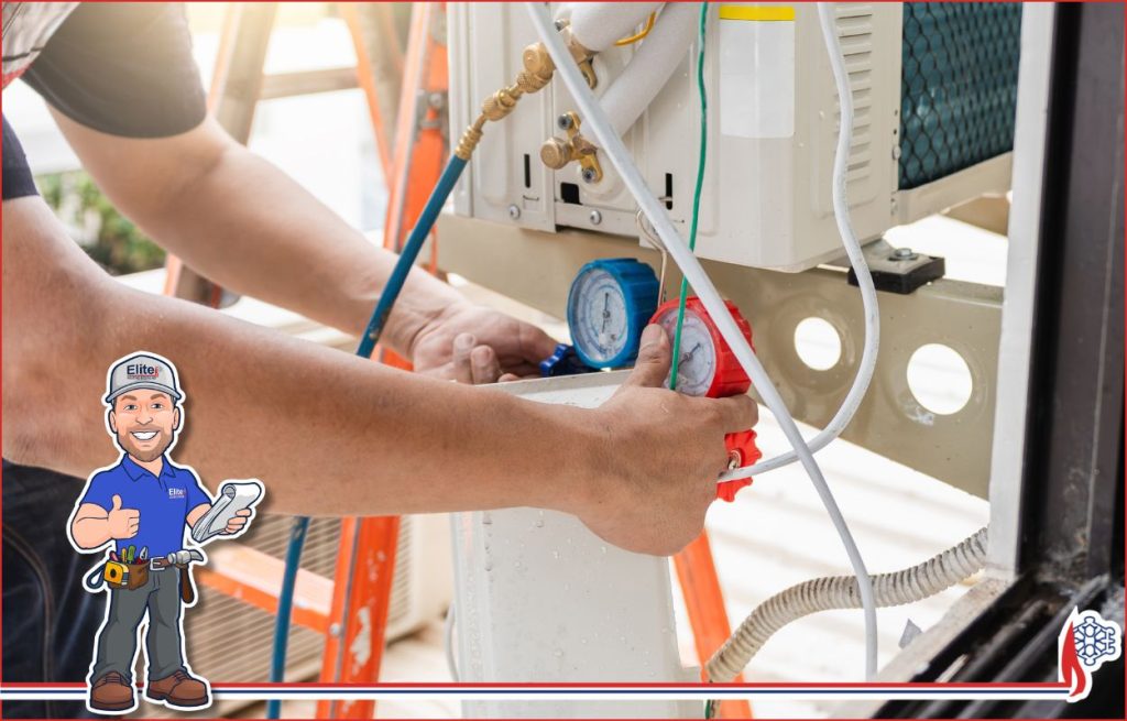 HVAC technician checking the coolant levels in an AC condenser unit.