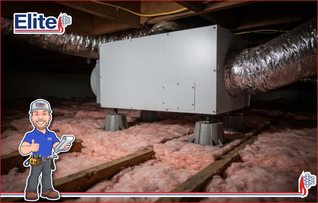 An image of a whole dehumidifier in the attic of a home